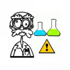 mad scientist with beakers and caution sign